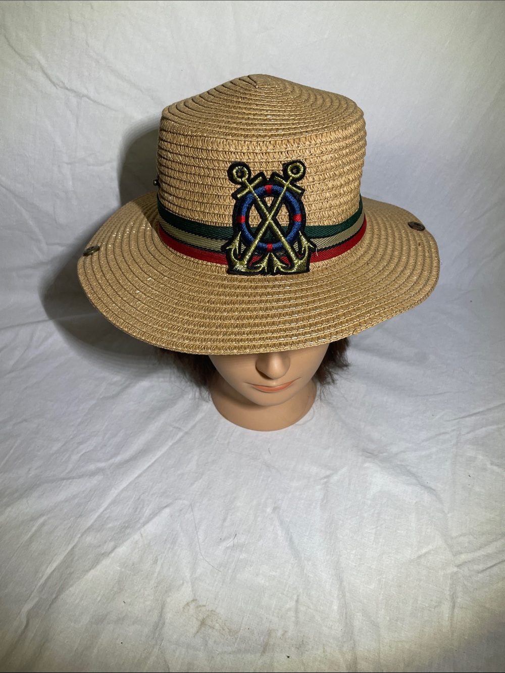 Natural Straw Boater Hat with Nautical Emblem and Green-Red Band